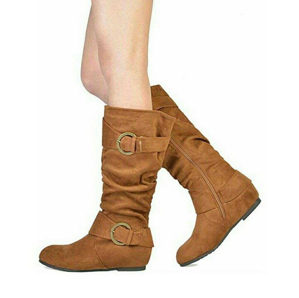 Tan knee high wide calf double buckle boot